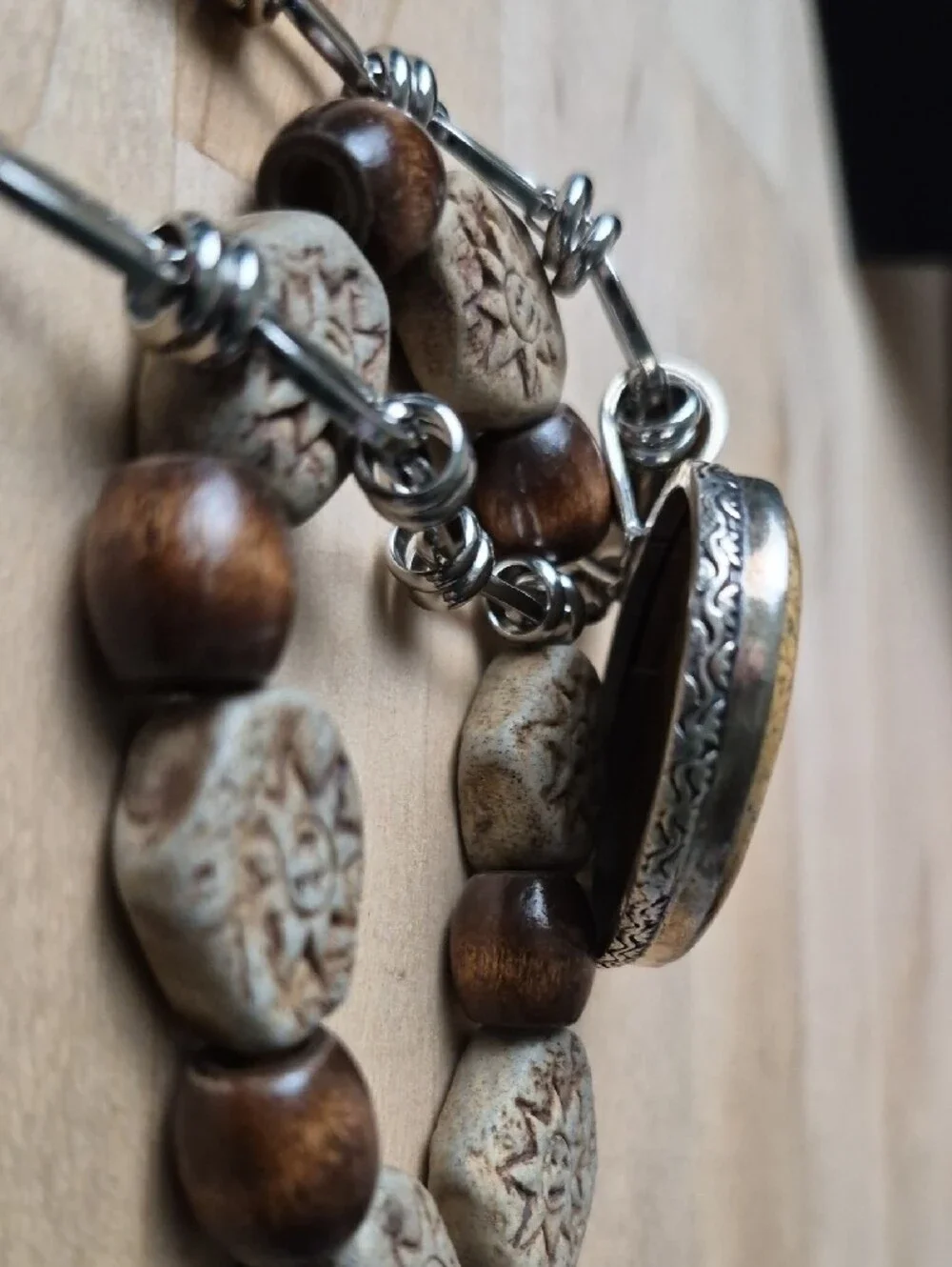 Silver Chain Necklace with Oval Sandstone Pendant - Tan